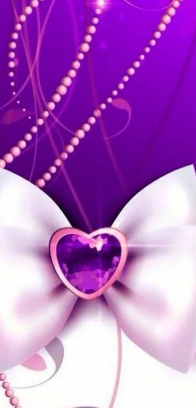 Purple wallpaper with elegant bow and heart gem.