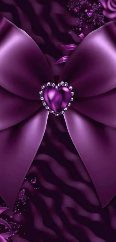 Elegant purple bow with heart centerpiece on satin background.