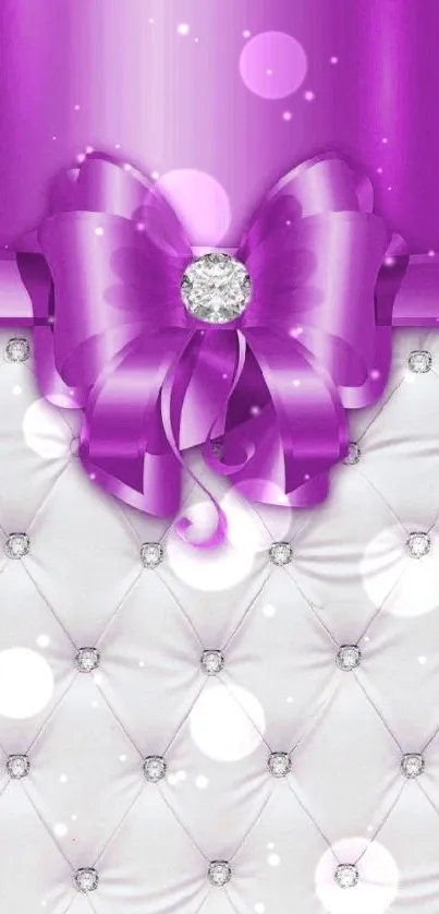 Elegant wallpaper featuring a purple satin bow with diamond accents on a tufted background.