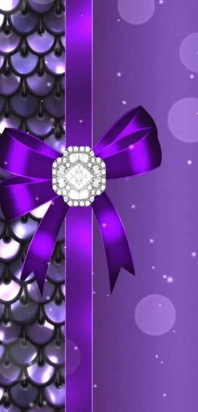 Elegant purple bow with ornate scale background wallpaper.