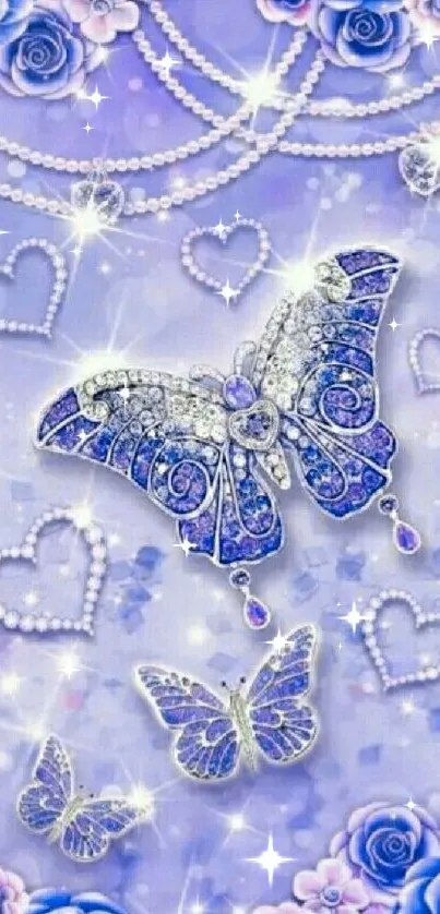 Purple butterflies with gems and roses wallpaper.