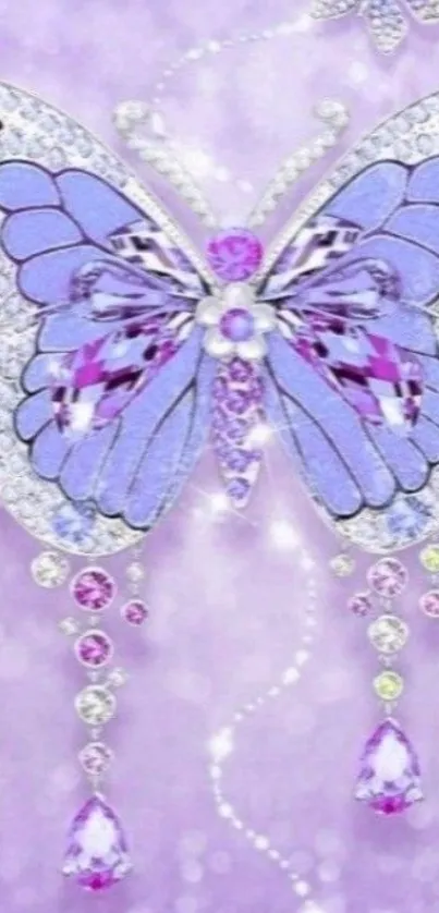 Elegant purple butterfly wallpaper with gems and lavender background.