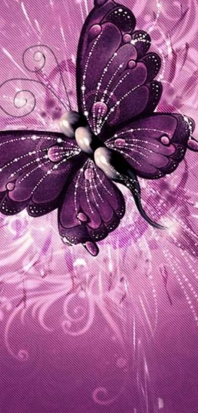 Purple butterfly with floral swirls on a bright background.