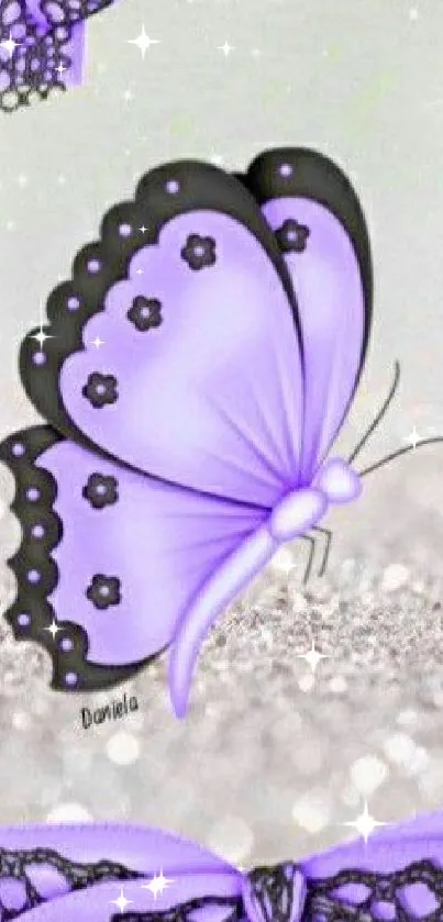 Purple butterfly with lace, elegant smartphone wallpaper.