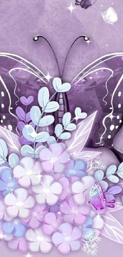 Purple butterfly with lavender flowers on wallpaper.