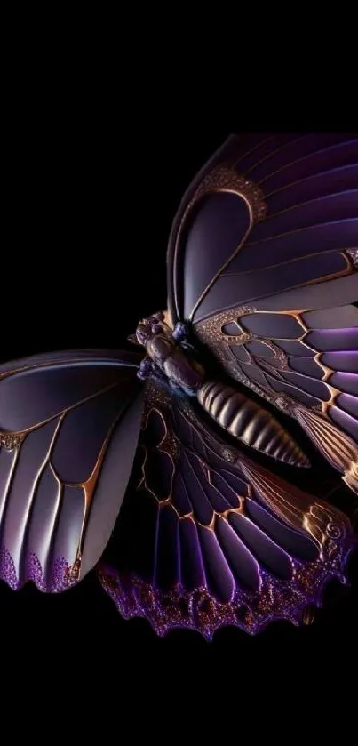 Elegant purple butterfly art on black background mobile wallpaper.