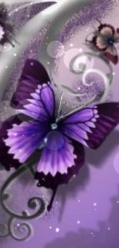 Elegant mobile wallpaper with purple butterfly and intricate design.