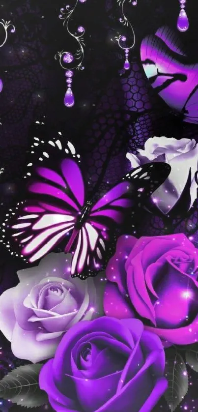 Mobile wallpaper with purple roses and butterflies in an elegant design.