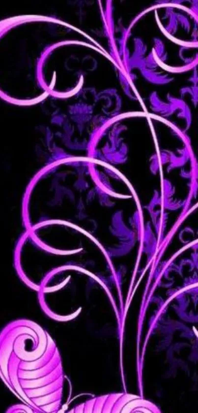 Purple butterfly and floral design on black background wallpaper.