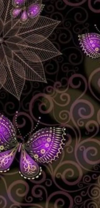 Purple butterflies with floral swirls on a dark background.