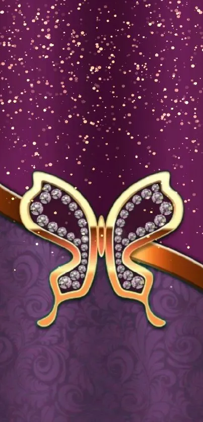 Elegant purple butterfly design with gold accents on a decorative wallpaper.