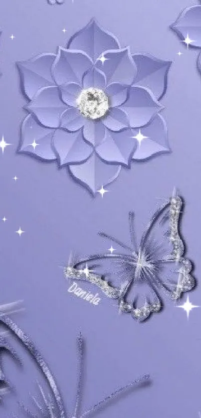 Purple wallpaper with flowers and butterflies design.