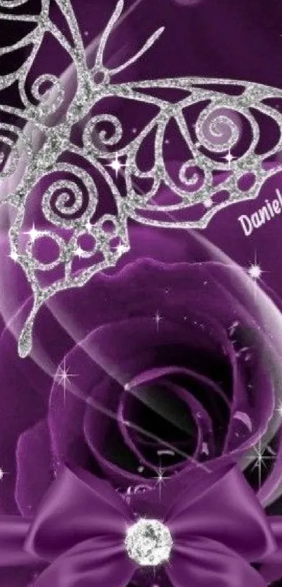 Purple butterfly with glittery details on a rose backdrop.