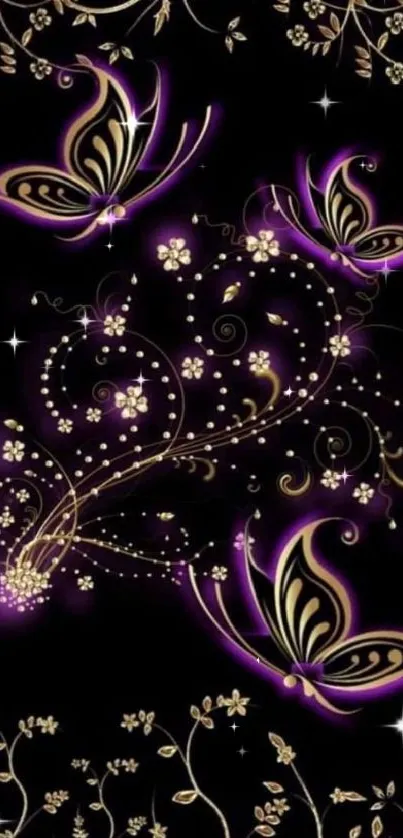 Elegant purple and gold butterfly design on dark background wallpaper.