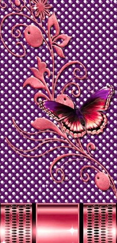 Purple wallpaper with pink butterfly and floral design.