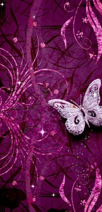 Purple butterfly wallpaper with floral patterns.