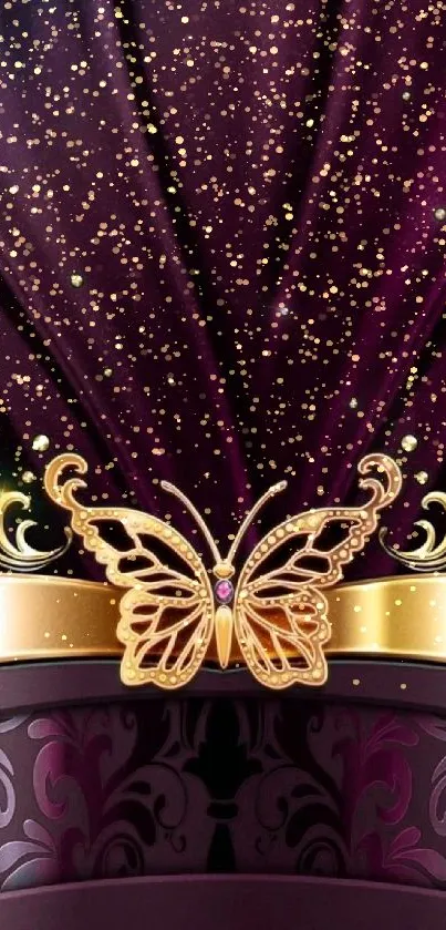 Elegant purple butterfly wallpaper with gold accents and intricate details.