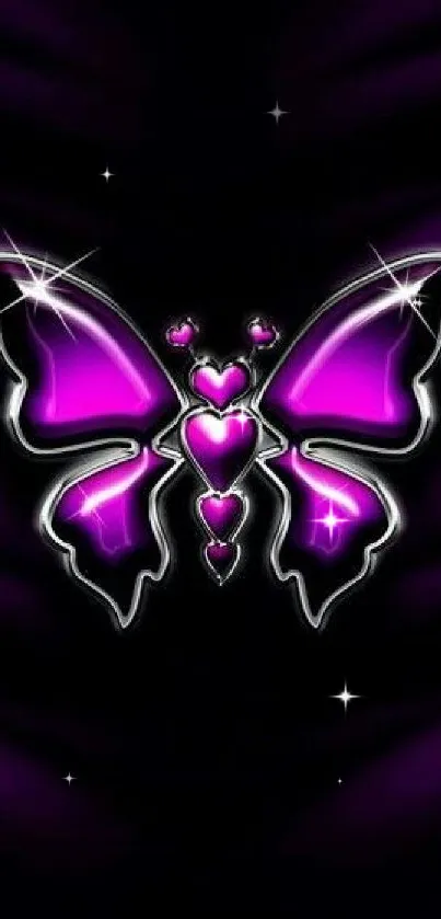 Elegant purple butterfly with metallic accents on a dark floral background.