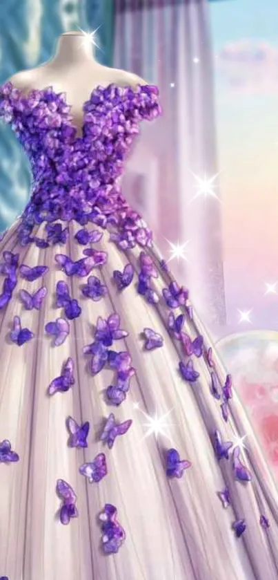 Elegant gown with purple butterflies and shimmering stars.