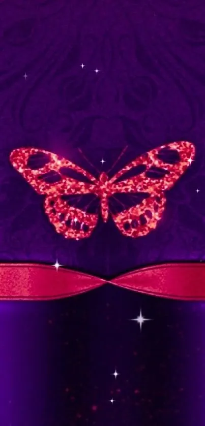 Sparkling red butterfly on purple background wallpaper.