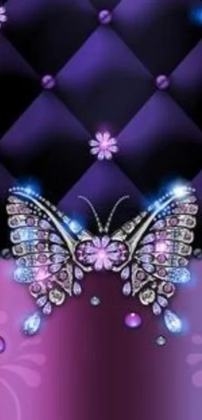 Elegant purple butterfly on velvet background with jeweled accents.