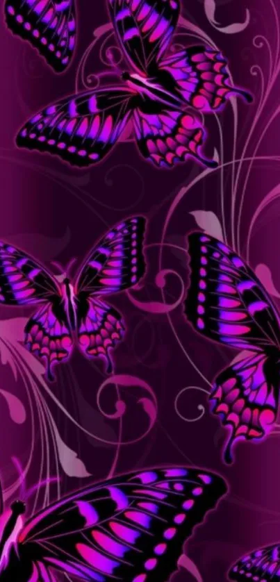 Vibrant purple butterfly wallpaper with elegant swirls.