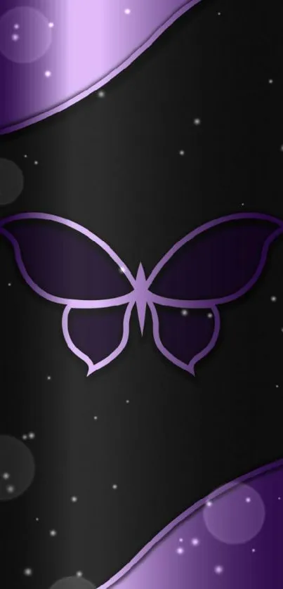 Elegant mobile wallpaper with purple butterfly design on black background.