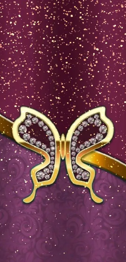 Elegant purple wallpaper with golden butterfly design.