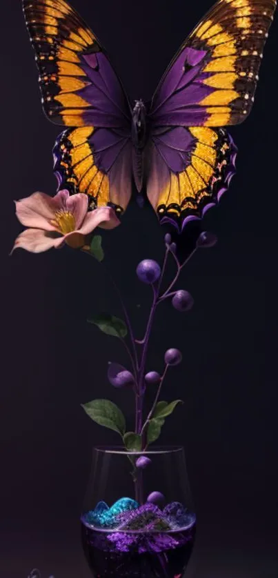 Elegant purple butterfly resting on floral arrangement in artistic wallpaper.