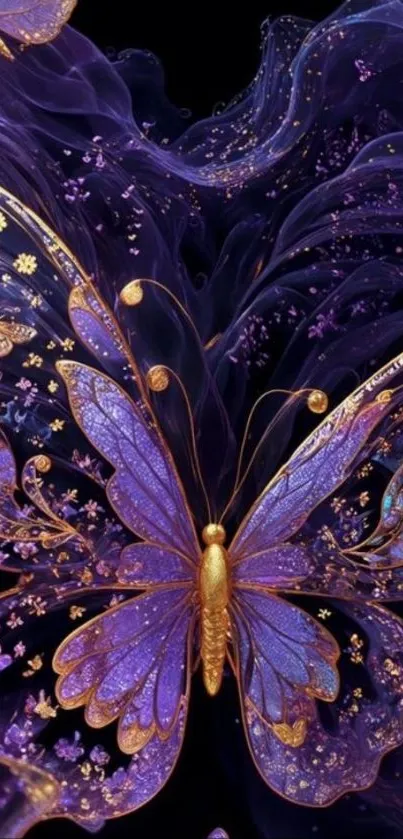 Purple butterfly with golden details on a dark background.