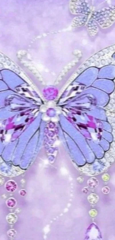 Elegant purple butterfly with jewels on lavender background.