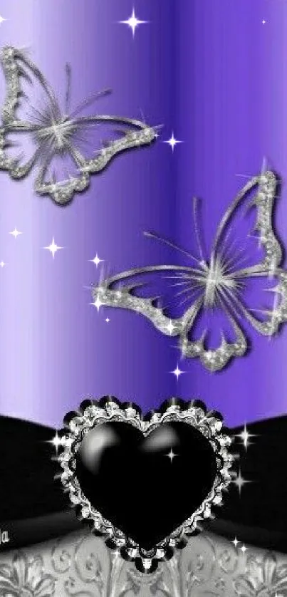 Purple wallpaper with silver butterflies and black heart design.