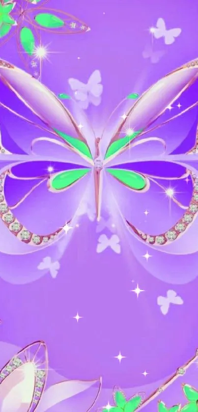 Elegant purple butterfly with sparkles and floral accents on a vibrant backdrop.