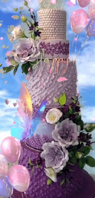 A decorative purple cake with floral details and pink balloons.