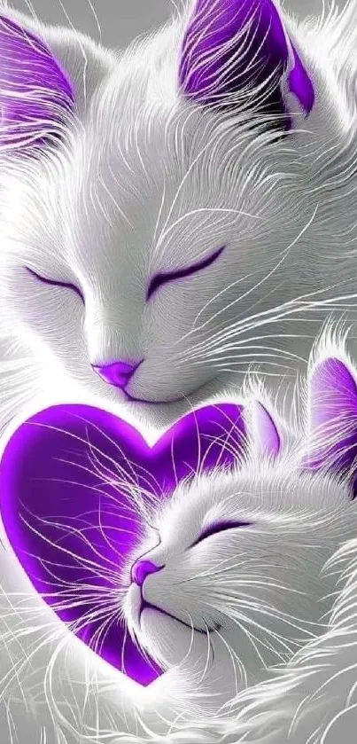 Two white cats with purple heart accent in artistic design.