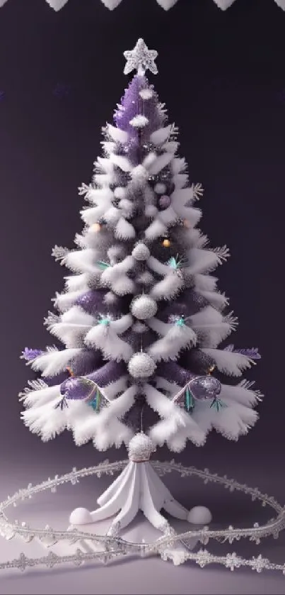 Purple and white Christmas tree with ornaments on a mobile wallpaper.