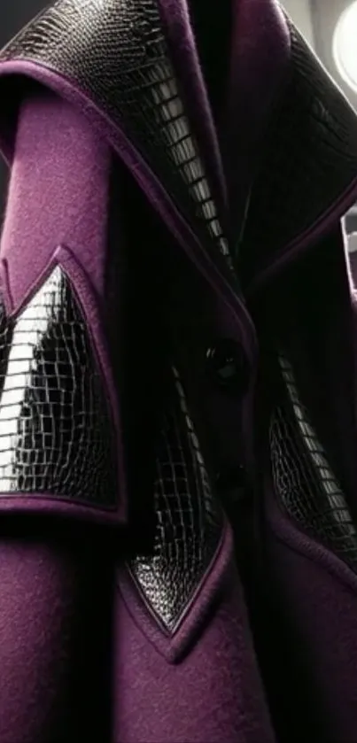 Close-up of an elegant purple coat with black accents.