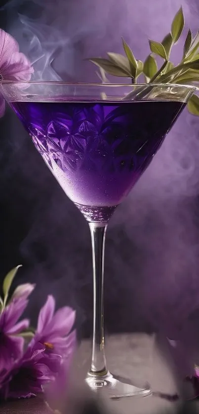 Purple cocktail with flowers and mist in artistic wallpaper.