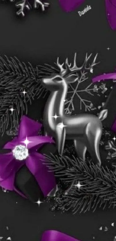 Silver deer with purple bows and black foliage wallpaper.