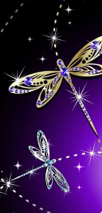 Intricate dragonflies on a vibrant purple background with sparkling accents.