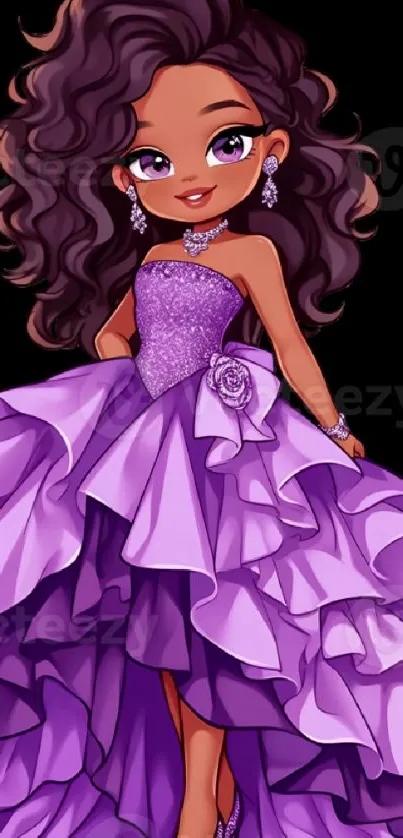 Illustration of a character in a purple dress with ruffles on a black background.