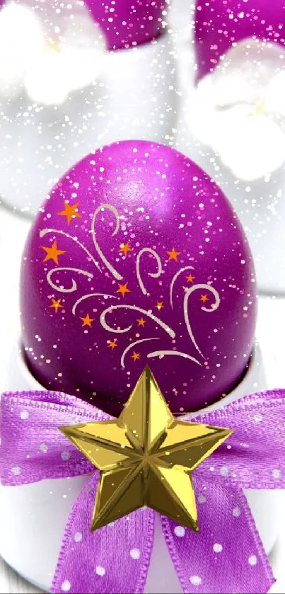 Purple egg with gold stars and bow on white background.