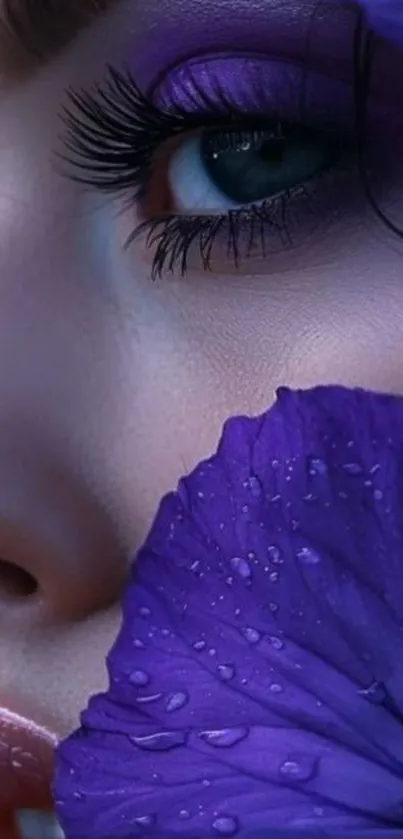 Closeup of stylish purple eye makeup with floral detail.