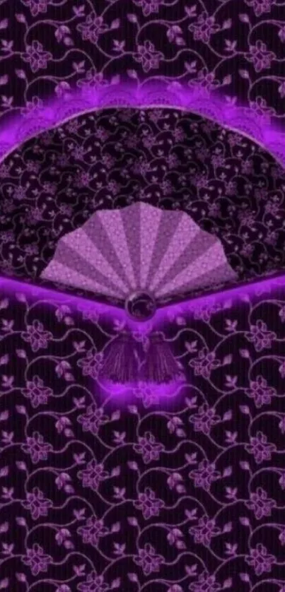 Elegant purple fan with floral patterns wallpaper.