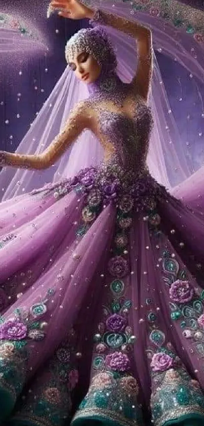 Elegant dancer in purple fantasy gown mobile wallpaper.