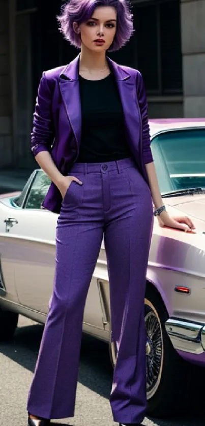 Stylish person in purple beside a classic car.