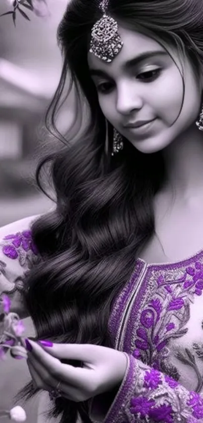 Elegant woman in purple attire and jewelry.