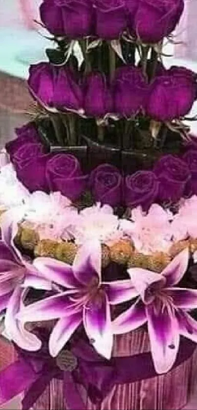 Elegant wallpaper featuring purple roses and lilies in a beautiful arrangement.