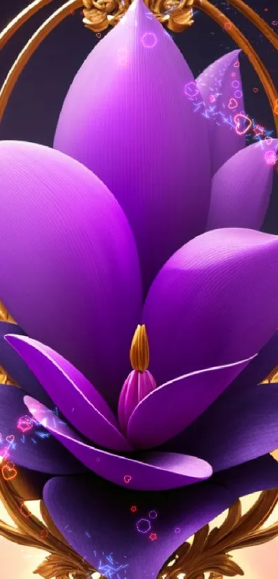 Elegant purple flower with gold scrollwork, perfect for mobile wallpaper.