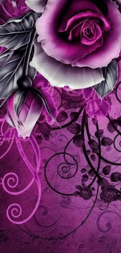 Elegant purple floral mobile wallpaper with black swirling vines.